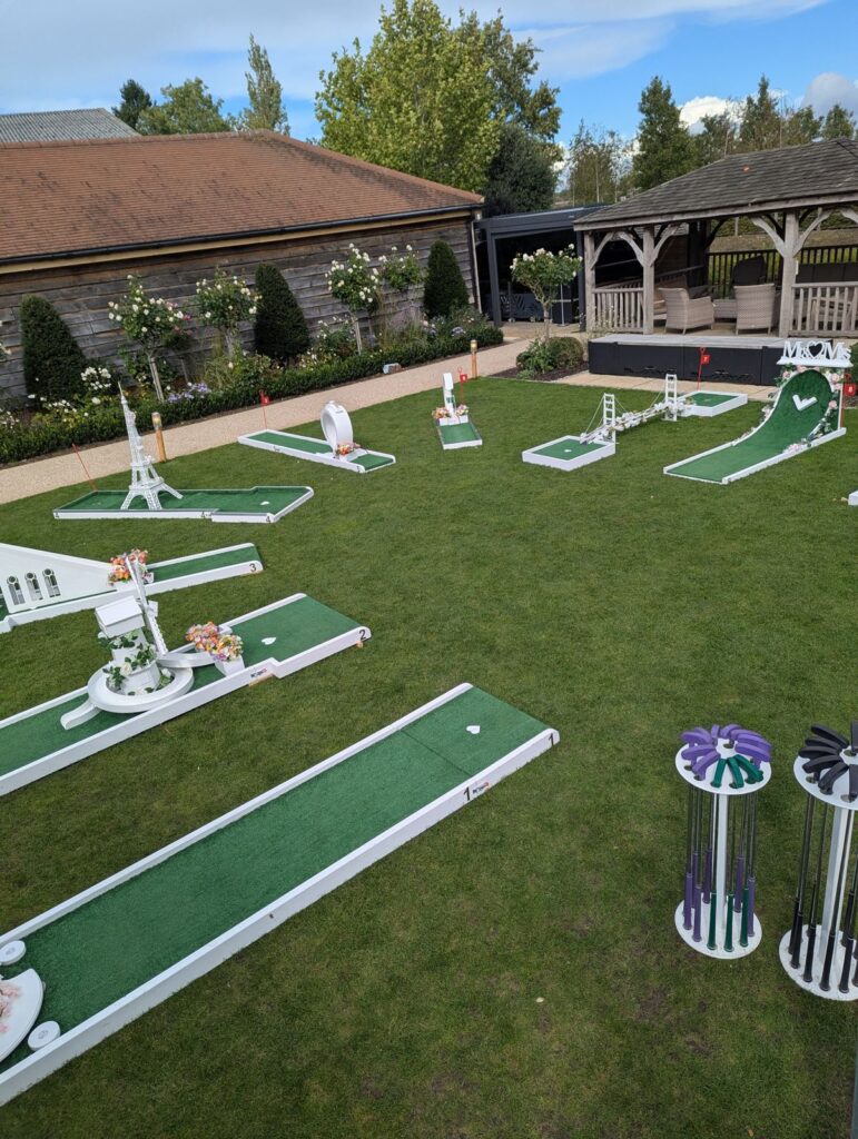 Wedding crazy golf set up at Bassmead Manor Barns