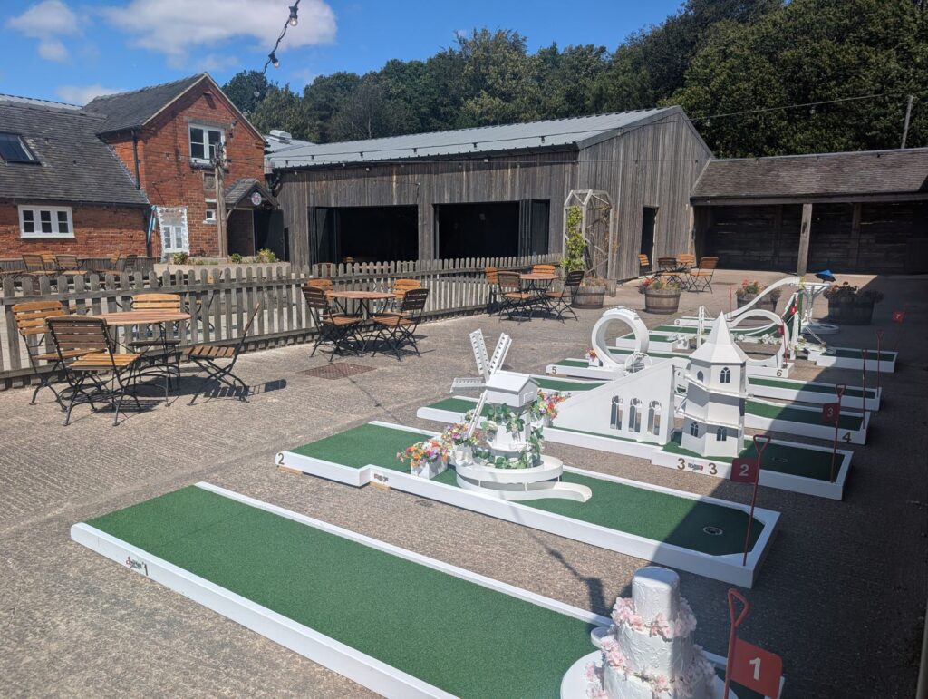 Wedding crazy golf set up at Hanbury Barns