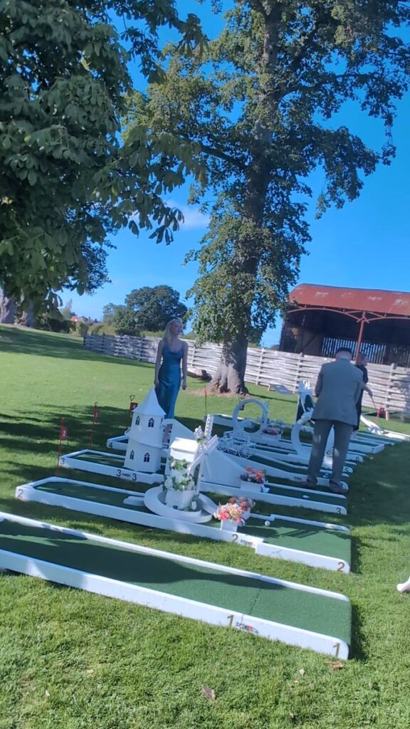 The Crazy Weds Signature course laid out on the lawn at Barns & Yard, Worcestershire