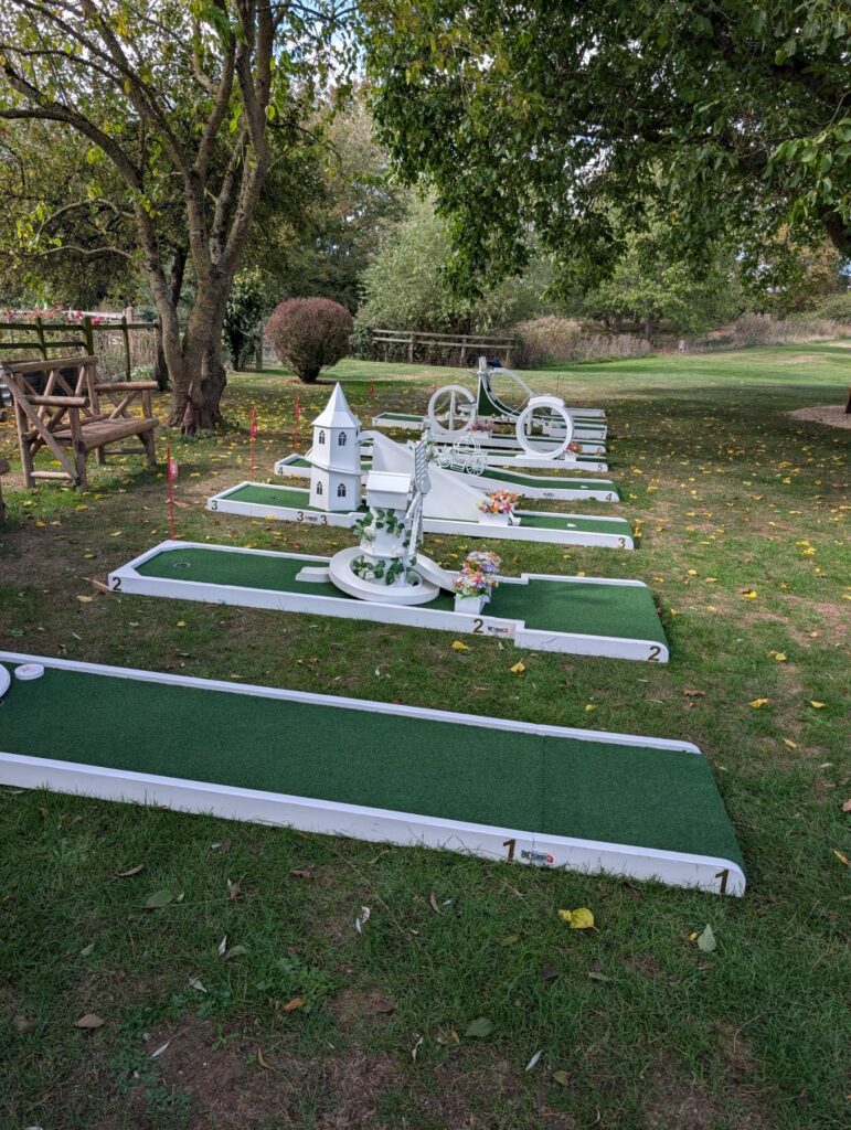 The Crazy Weds wedding crazy golf course on the garden lawn at Crockwell Farm