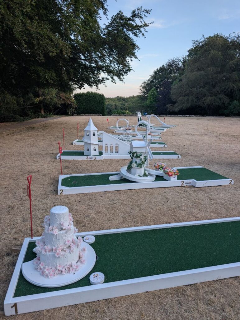 Wedding crazy golf holes in the evening light at Ringwood Hall Hotel