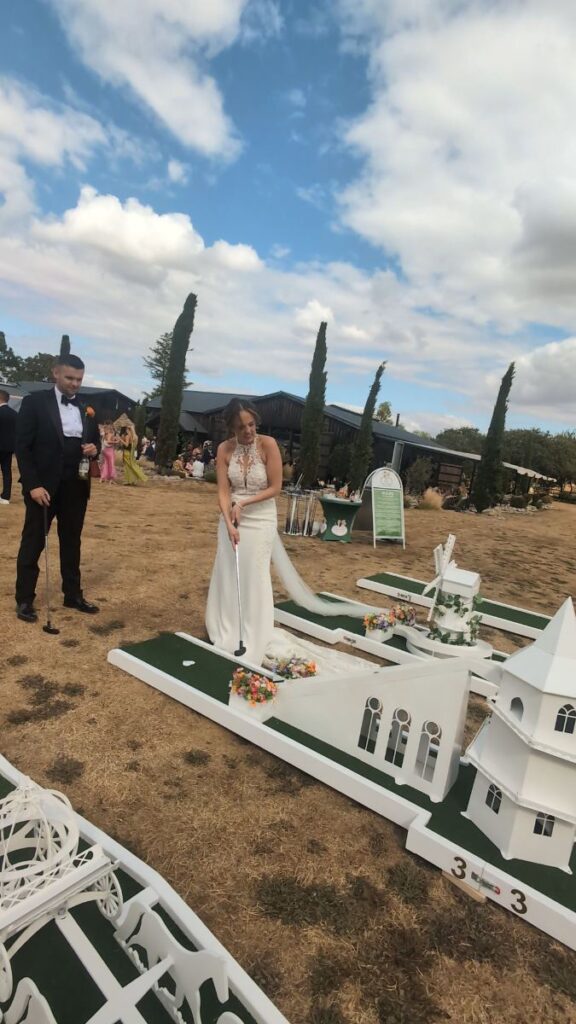 The Crazy Weds wedding crazy golf course on the meadow at The Willow Marsh Farm